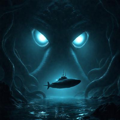 The primary subject of the image is a large octopus with a submarine in its mouth. The setting is underwater, with the octopus and submarine being the main objects of focus. The visual style is digital art, and the colors and mood are dark and mysterious.